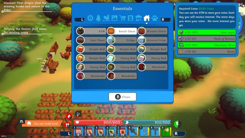 The building menu with several tabs for items and structures to build. We see the tab for essentials, with the recipe for a small chest highlighted. 