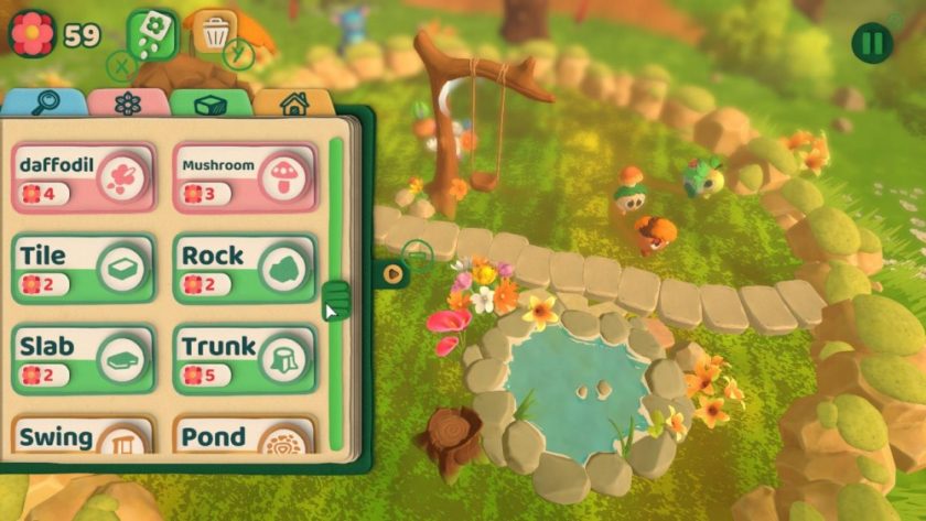 Front left features a menu of decorations to choose from to add to the garden shown behind. A pond, rope swing hanging from a tree, flowers, and cute round characters are currently already in the garden.