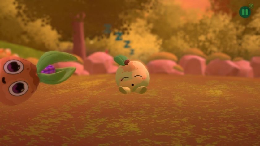 In Garden Buddies, Green apple character sleeps in the background center, with a sprout character leaning in from the left to get your attention.