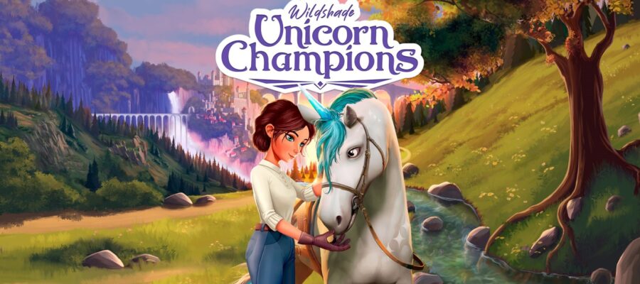 Title of Wildshade Unicorn Champions showing a rider next to a unicorn in a fantasy world setting.