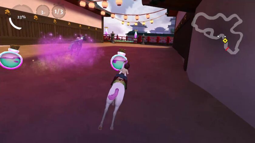 Rider and horse aiming to collect a floating magic flask.
