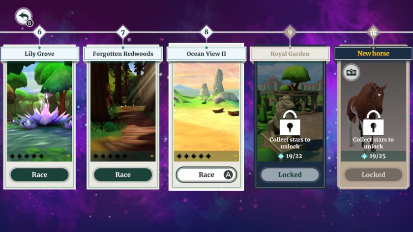 A selection of levels from the campaign mode of Wildshade: Unicorn Champions. Level 6 is Lily Grove and is unlocked, but not attempted. Level 9 is Royal Garden and needs another 3 stars to unlock it.