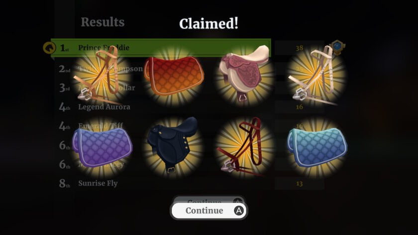 Wildshade: Unicorn Champions tournament results with an overlay of the rewards received, including bridles, saddles and blankets.