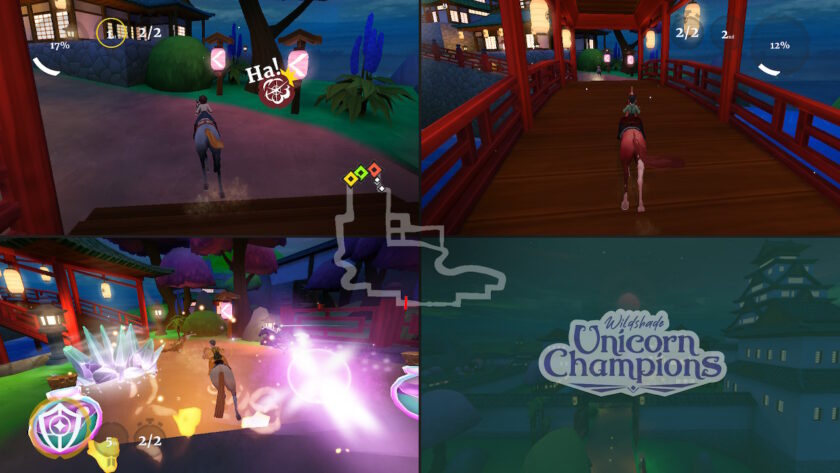 Three quadrants in play for a multiplayer race, the fourth quadrant displays the Wildshade: Unicorn Champions name.