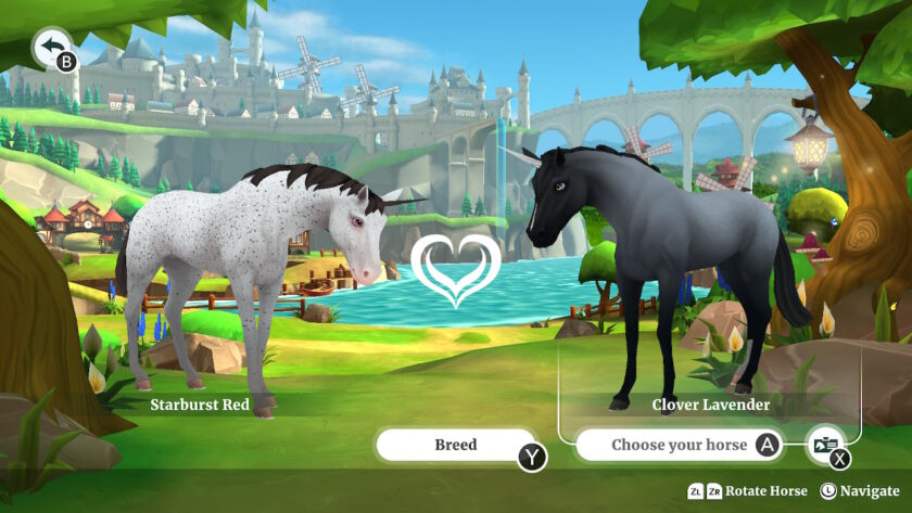 Two unicorns with a love heart in between them. With a press Y to breed.