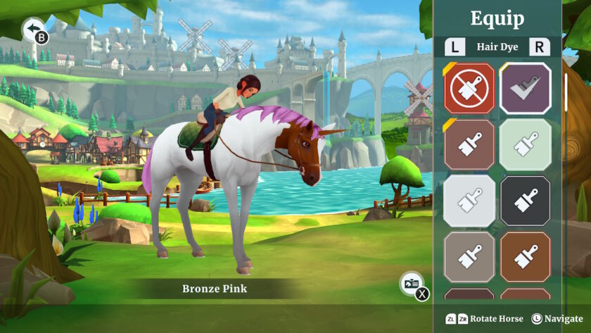 A unicorn with a pink mane and tail, with the hair dye options menu displayed.