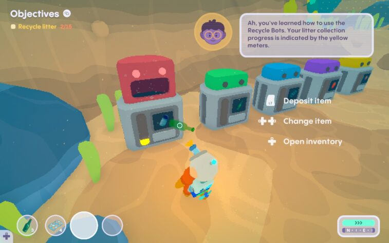 The protagonist throws a glass bottle at a machine, in a row of similar machines.