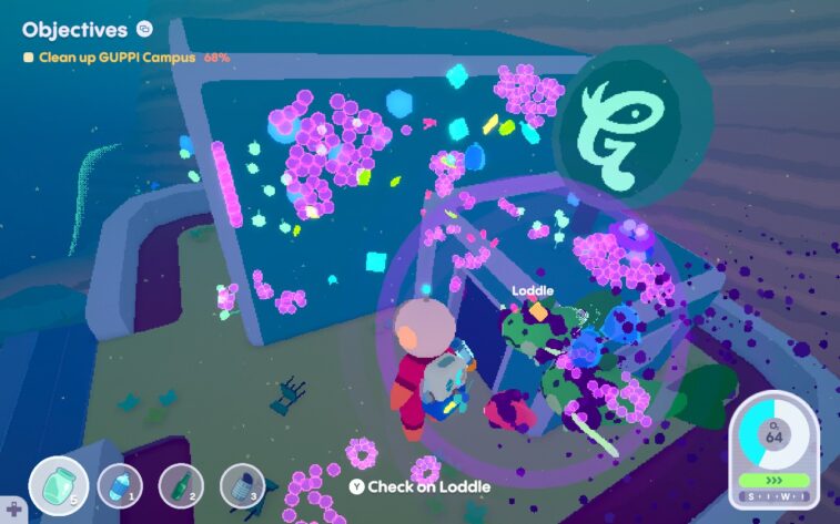 Loddlenauts A broad view of ocean floor littered with structures and garbage, with various kinds of debris highlighted in an assortment of neon colors.