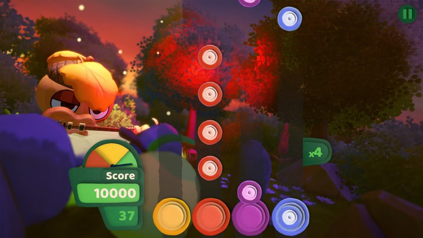 An acorn character on a stage to the left, overlaid with 'falling' icons indicating when to press which buttons. A musical mini-game.