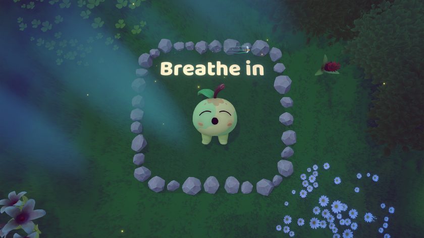 In Garden Buddies, Green apple character lies on their back in the middle of a square of pebbles, demonstrating a breathing box technique. The words "Breathe in" feature over his head.