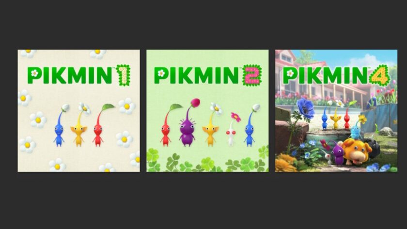 Nintendo switch home menu icons for Pikmin 1, 2 and 4.