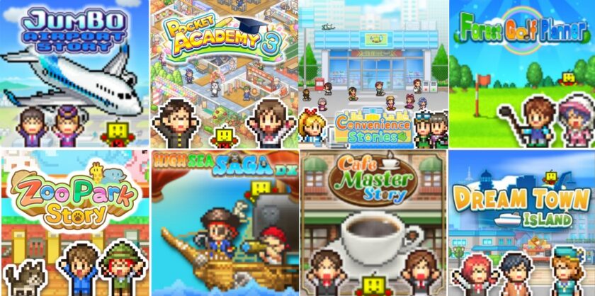 Photomontage of title images for Jumbo Airport Story, Pocket Academy 3, Convenience Stories, Forest Golf Planner, Zoo Park Story, High Sea Saga, Cafe Master Story and Dream Town Island.
