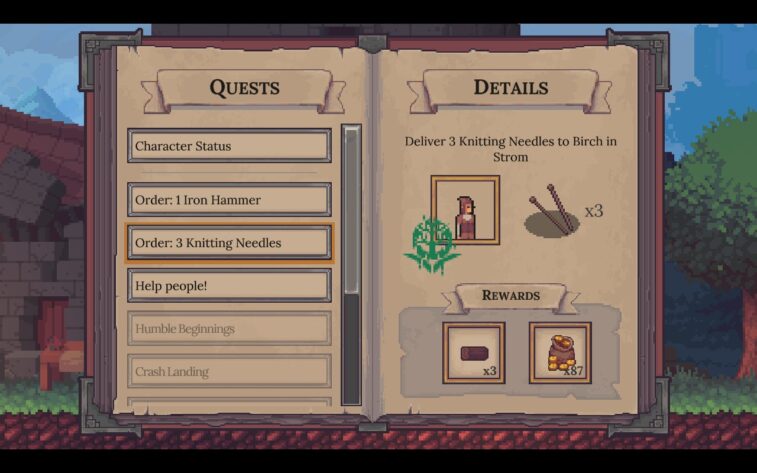 An info screen styled as an open book. A list of available and completed quests is on the left, with the details of the highlighted quest displayed on the right.