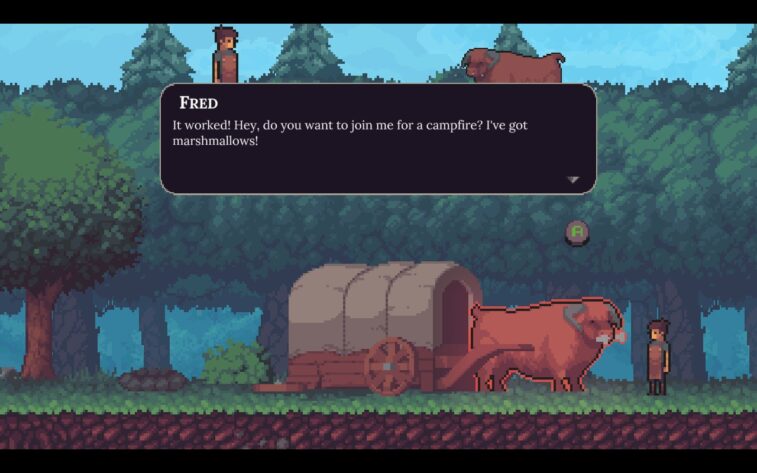 Our protagonist stands to the right of the image, talking to a large hairy cow in a wooded landscape. A dialogue box shows him saying "It worked! Hey, do you want to join me for a campfire? I've got marshmallows!"