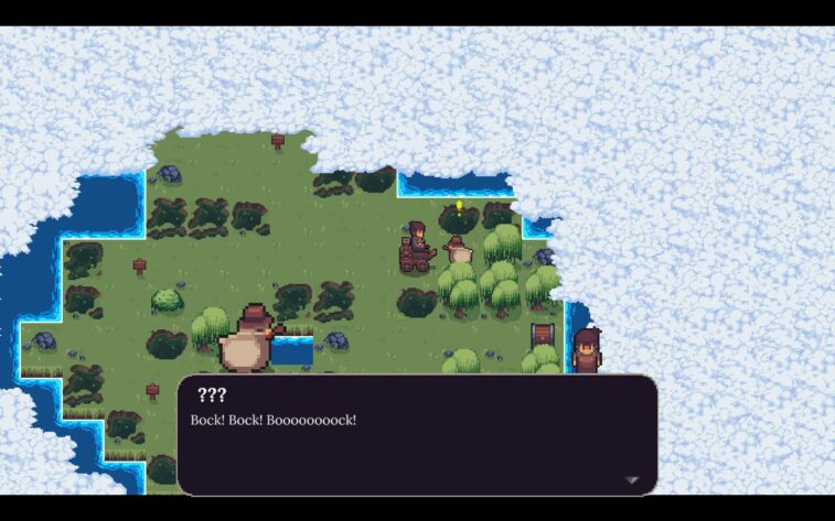 An overworld screen, much of it covered by cloud. The revealed area contains trees, swamps, rocks, signs, a treasure chest, water, and the protagonist riding a wagon talking to a chicken. The chicken wears a hat. A dialogue box shows the chicken saying "Bock! Bock! Booooooooock!"