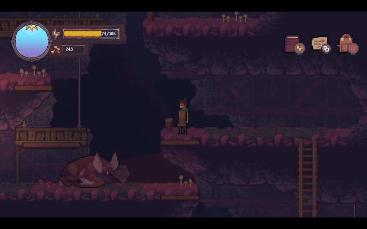 The protagonist stands in the center of the image, in what appears to be a large cave, with platforms at assorted levels. A ladder, mushrooms, rope, and plank imagery add detail. A monstrously large bat creature lurks menacingly below the character.