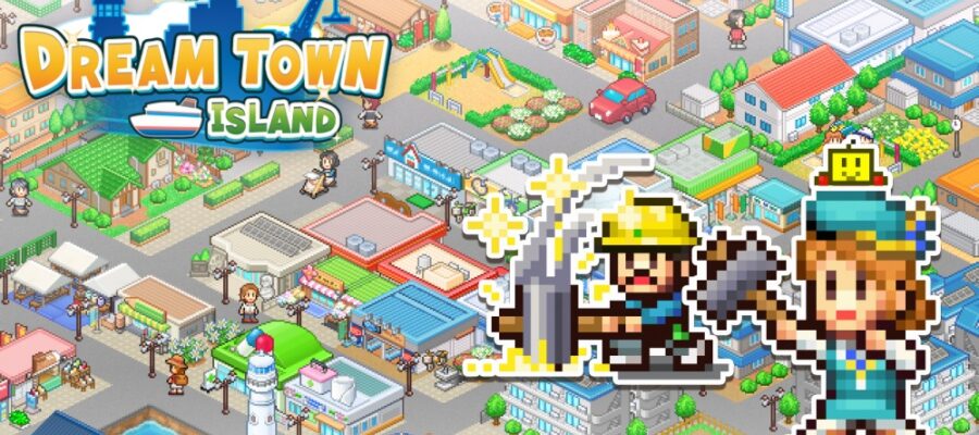 Title image for Dream Town Island showing a town overlaid with two pixelated characters with sledgehammers.