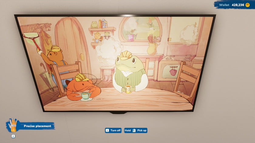 A TV shows an animated TV show with a frog and a lobster.
