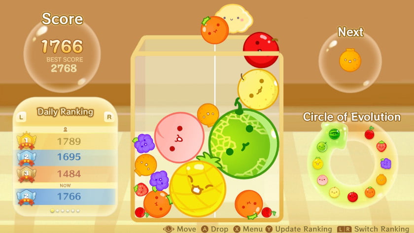 Suika Game A big pile of different fruit in a bag.