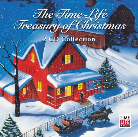 The cd cover art of The Time-Life Treasury of Christmas, 2 CD Collection, featuring an illustration of a horse-drawn sleigh pulling up to a large farmhouse and barn, covered in snow.