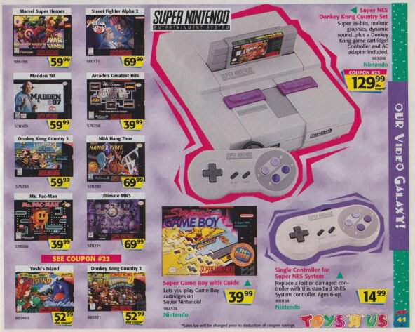 Image of a page from a Toys R Us Christmas ad in the 1990s, featuring a Super Nintendo and assorted games.