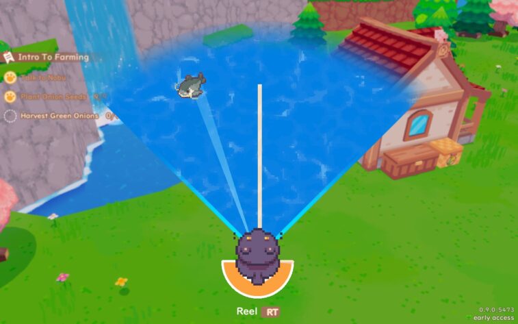 A background of a pond, waterfall, and farmhouse, overlaid with a fishing mini game.