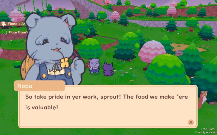 In the background, the purple main character cat stands facing another character, in a grassy wooded area on a cloudy day. Foreground shows a textbox and character art of Nobu, saying "So take pride in yer work, sprout! The food we make 'ere is valuable!"