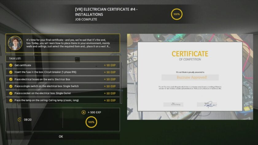 Electrician Simulator a glorious certificate