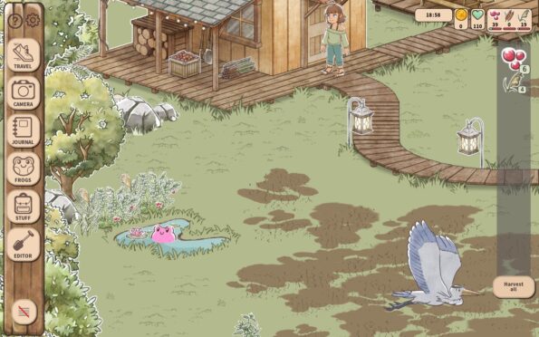 Kamaeru: A Frog Refuge A wetland landscape. A cabin is visible at the top of the screen, with a wooden patio and paths leading away. Amid the mud, there's a small pond where a bright pink frog smiles. A heron flying across the screen is seen in the bottom right. Along the left side is a column of navigation options, and on the right is a display of information.