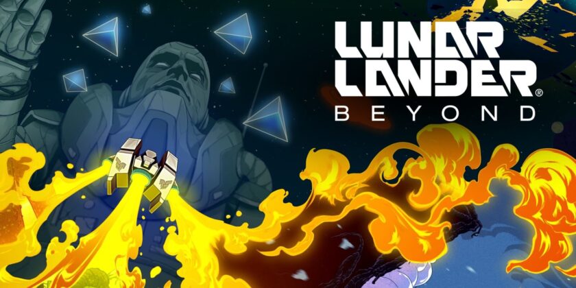 "Dramatic promotional artwork for Lunar Lander Beyond, depicting a spacecraft with golden flames bursting from its thrusters as it maneuvers through a space environment. In the backdrop, the silhouetted form of a colossal statue looms, surrounded by floating geometric crystals. The cosmic scene is set against a deep space backdrop, rich with starry details and a subtle hint of planetary bodies. The title 'LUNAR LANDER BEYOND' is emblazoned across the top in bold, block lettering that complements the futuristic and adventurous feel of the game." Published on: LadiesGamers