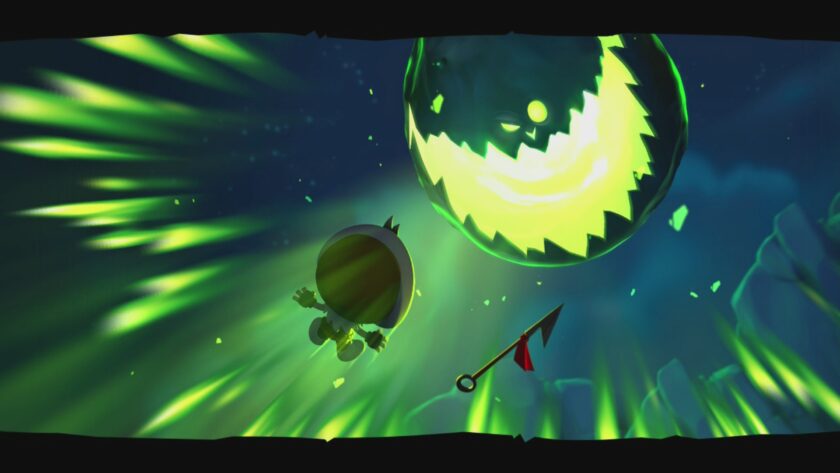 In the image, a scene from Spear Masters is depicted, featuring a stylized cosmic environment. In the foreground, a character resembling a small astronaut with a spherical, dark helmet and green-glowing visor floats in space, oriented towards a large, menacing planet-like entity. This celestial body has a glowing green surface with a menacing face carved into it, reminiscent of a jack-o'-lantern. Green aurora-like lights swirl around, adding a dynamic and otherworldly atmosphere to the scene. A single red flag with a triangular flagpost is planted in the lower right, standing out against the dark space backdrop. Published on: LadiesGamers.