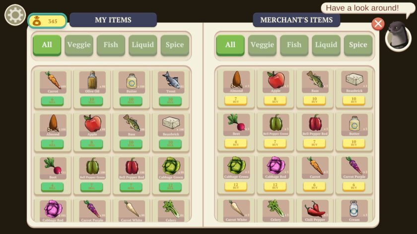 A screenshot from The Lost Legends of Redwall: Feasts & Friends featuring an inventory management interface for trading. The screen is split into two sections; the left side is labeled 'MY ITEMS' and the right side 'MERCHANT'S ITEMS.' The player has 345 coins, as shown by the coin icon at the top. Both sections have tabs for sorting items by categories: 'All,' 'Veggie,' 'Fish,' 'Liquid,' and 'Spice.' Items in the player's inventory include carrots, olive oil, butter, almonds, apples, trout, bass, and beanbrick, each with a 'SELL' button and a numerical quantity. The merchant's side has similar items for purchase, such as apples, bass, beanbrick, various bell peppers, cabbages, carrots, celery, chili peppers, and cream, each with a 'BUY' button and a quantity indicator. The top right corner has a friendly reminder saying 'Have a look around!' with a portrait of a merchant character.