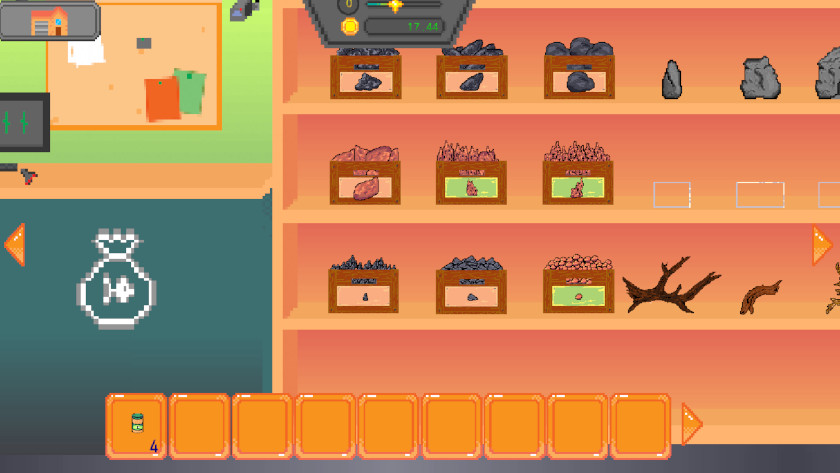 Aqua Pals video game screenshot featuring an inventory management screen. The top portion displays various containers filled with items like rocks, corals, and starfish, suggesting resources or collectibles. On the upper right, there's a scoreboard with a shell icon and the number 17.44, perhaps indicating the player's current score or time. The bottom section shows an extensive empty hotbar, with one slot highlighted and containing an orange icon, which might be an active selection or tool. The backdrop is segmented into different shades of orange and green, mimicking shelves or sections in an inventory system. The graphics are in a charming pixel art style, adding to the game's retro aesthetic. Published on: LadiesGamers. 