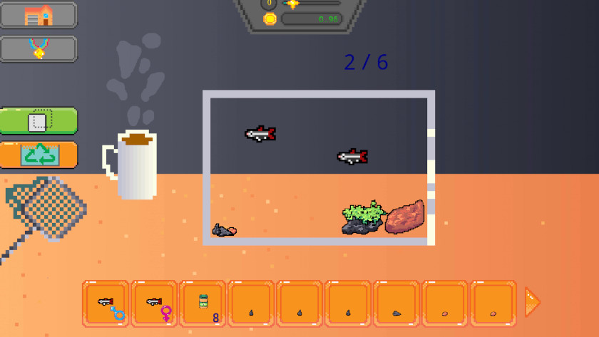 Screenshot from the Aqua Pals video game, showcasing a pixelated underwater scene. The main interface includes a score indicator at the top displaying 2/6, and a series of selectable items arranged at the bottom. A large mug appears to the left with coffee inside. The central area features two pixel fish, one red and one grey, swimming near a green pixelated character who appears to be cleaning the ocean floor next to a large brown rock. The art style is reminiscent of classic 8-bit games, with a simple yet colorful palette. Published on: LadiesGamers.