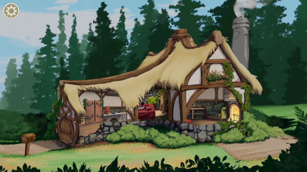 The image shows a quaint and cozy cottage nestled in a lush green forest setting. The cottage has a thatched roof with overhanging straw at the edges, and the walls appear to be made of wattle and daub. A stone chimney with smoke gently billowing out suggests a warm fire inside. The front of the cottage is adorned with hanging plants and flowers, adding to its rustic charm. In front of the cottage, there is a wooden fence and a wheel, implying a pastoral lifestyle. The surrounding area is well-kept with bushes and shrubs neatly trimmed, and the dense forest in the background conveys a sense of peaceful seclusion.