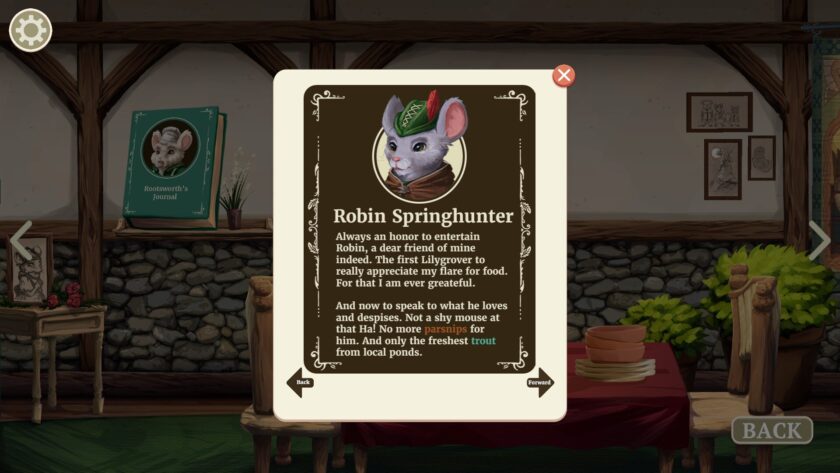 A screenshot from The Lost Legends of Redwall: Feasts & Friends featuring an in-game book or card titled 'Robin Springhunter.' The card, with an ornate border, displays a portrait of a character – a mouse with gray fur and a green hat – and a passage of text celebrating Robin as a 'dear friend' and a 'first Lilygrover to really appreciate my flare for food.' The text humorously notes Robin's preferences, stating a dislike for parsnips and a fondness for 'only the freshest trout from local ponds.' In the background, the cozy interior of a room includes 'Rootsworth’s Journal' on a shelf, artwork on the stone wall, and lush green plants beside a wooden bench covered with a red cloth.