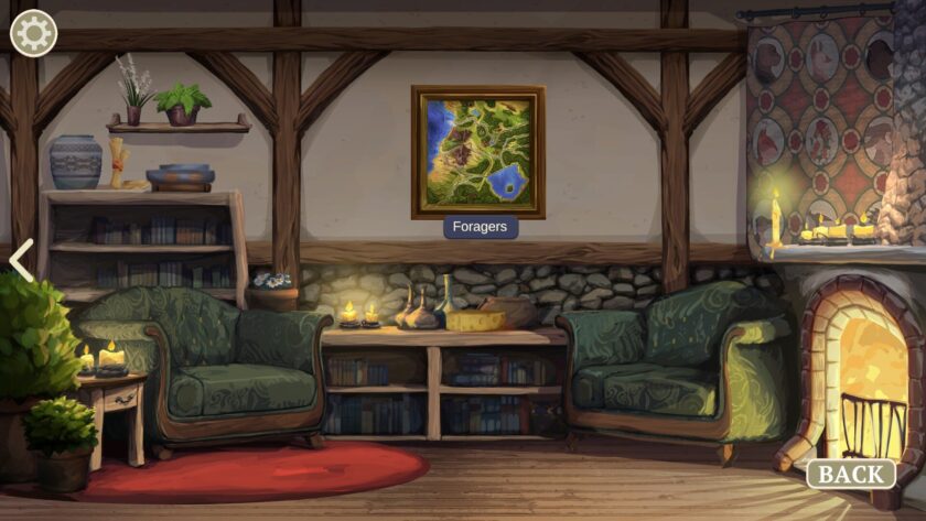 A cozy interior scene from The Lost Legends of Redwall: Feasts & Friends. The room is furnished with two plush green armchairs and a wooden table adorned with lit candles and a cheese platter. Bookshelves stocked with books line the walls, and potted plants add a touch of greenery. A framed map hangs prominently on the wall, labeled 'Foragers.' The warm glow of a fireplace on the right creates a welcoming atmosphere. Iconic game interface elements like a settings gear, an arrow indicating 'back,' and decorative stained glass window patterns complete the inviting, storybook setting. Published on: LadiesGamers.