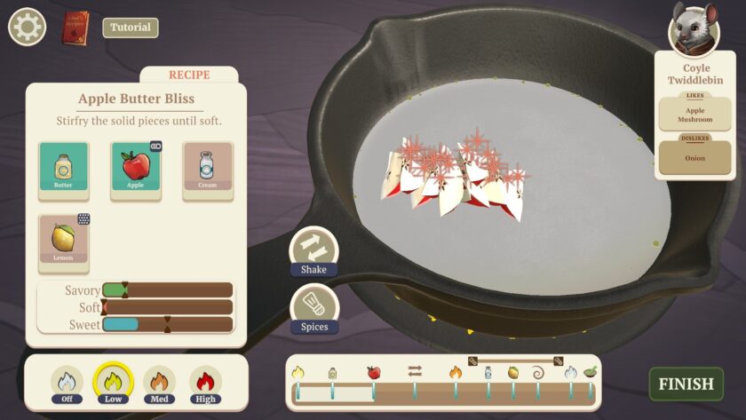 A screenshot from The Lost Legends of Redwall: Feasts & Friends featuring a recipe for 'Apple Butter Bliss.' The interface includes a tutorial book in the top left corner and a character portrait of 'Coyle Twiddlebin' on the right, who likes apple and mushroom but dislikes onion. The recipe card in the center lists ingredients: butter, apple, cream, and lemon, with a directive to 'Stirfry the solid pieces until soft.' Below the card, there are sliders for taste profiles labeled 'Savory,' 'Soft,' and 'Sweet.' The bottom of the screen shows cooking controls with 'Off,' 'Low,' 'Med,' and 'High' heat options, and action buttons for 'Shake' and 'Spices.' In the visual representation of the pan, sliced apples are being stir-fried, garnished with what appears to be pink snowflake-shaped spices.