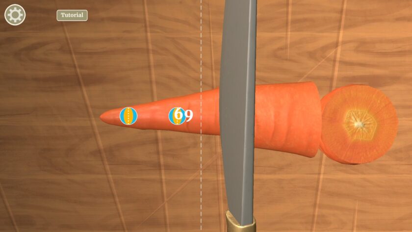 A screenshot from The Lost Legends of Redwall: Feasts & Friends featuring a chopping tutorial. A large carrot is placed on a wooden cutting board, with a score of '69' visible on a circular target overlay, indicating where to slice. A chef's knife is positioned above the carrot, aligned with the dashed line on the cutting board, ready to make a cut. The carrot is already partially sliced, and the cut surface shows realistic texture and detail. The tutorial label at the top left corner suggests that this is an instructional step within the game, teaching players precision in food preparation.