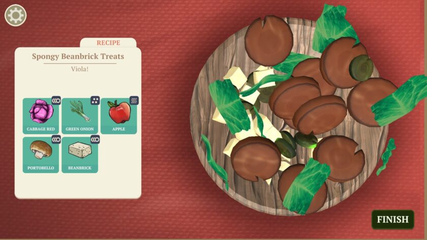 A screenshot from The Lost Legends of Redwall: Feasts & Friends showing a completed recipe called 'Spongy Beanbrick Treats.' The recipe card on the left lists ingredients including red cabbage, green onion, apple, portobello mushrooms, and beanbrick. To the right, the finished dish is presented on a round wooden platter, featuring sliced brown mushroom caps arranged atop chopped green onions and beanbrick, garnished with red cabbage leaves. The 'FINISH' button at the bottom right indicates the end of the cooking process. The visual representation of the dish suggests a combination of textures and flavors, carefully prepared and ready to be served.