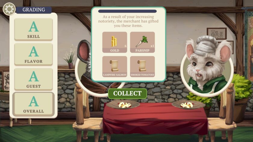 A screenshot from The Lost Legends of Redwall: Feasts & Friends displaying a grading panel for a cooking challenge. The grading criteria are listed as 'SKILL,' 'FLAVOR,' 'GUEST,' and 'OVERALL,' each with an 'A' grade. On the right side, two round portraits of anthropomorphic mouse characters are shown. The first character has a grey coat and a warm expression, wearing a brown scarf. The second character appears elderly with white fur and a chef's hat, dressed in a green garment. Between the portraits, on a wooden table with a red tablecloth, a plate of food is displayed, presumably the result of the cooking effort being graded.