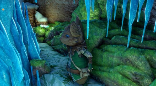 The Lost Legends of Redwall: The Scout Anthology A vivid screenshot from a video game showcasing an anthropomorphic mouse character exploring an icy cave. The character is dressed in a green and brown scout's outfit, looking up cautiously at the sharp blue icicles hanging from the cave's ceiling. The environment is a mix of frosty blues and earthy greens, with snow on the ground and luminescent mushrooms providing a soft glow. The textures are rich and detailed, suggesting a cold, yet enchanting underground setting ripe for adventure.