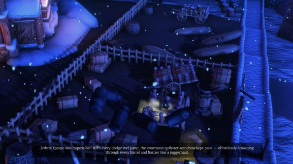 A video game screenshot featuring a snowy village scene at night, illuminated by a blue hue and glowing snowflakes. In the foreground, an anthropomorphic mouse character is highlighted by a circle of light, suggesting a focus of action. Around the character, the aftermath of chaos is visible, with wooden barrels, carts, and fences broken and strewn about the area. The text overlay at the bottom reads, 'Jethro: Escape was impossible! With every dodge and jump, the enormous monster somehow kept pace — effortlessly smashing through every barrel and barrier like a juggernaut.' This narrative text suggests a tense moment in the game where the character is running from a formidable foe.