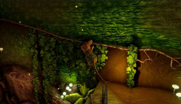The Lost Legends of Redwall: The Scout Anthology A screenshot from a video game depicting an anthropomorphic mouse character climbing a vine-covered cliff. The mouse is dressed in a scout uniform and is midway through an ascent, with its head turned towards the viewer. The environment has a magical feel, with the cave walls illuminated by a soft, greenish glow and dotted with sparkling particles. At the base of the cliff, luminescent mushrooms emit a gentle light, adding to the enchantment of the scene. The overall atmosphere is one of adventure and exploration within a richly detailed, fantastical underground setting.