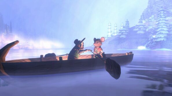 A serene and enchanting screenshot from a video game depicting two anthropomorphic mouse characters rowing a wooden boat across a calm, reflective lake. The scene is bathed in the soft light of a winter morning, with snow-covered pine trees and mountains in the background. One mouse, wearing a green tunic, is rowing with a focused expression, while the other, in a white shirt, seems to be engaged in a lively conversation with its companion. The peaceful atmosphere is emphasized by the mist rising from the water’s surface, contributing to the magical quality of the moment.