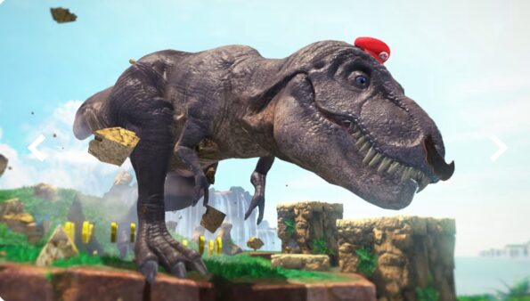 A screenshot from Super Mario Odyssey. A huge grey dinosaur has a little Mario hat on, Mario has turned into that large animal and is moving through the level. Published on LadiesGamers.com