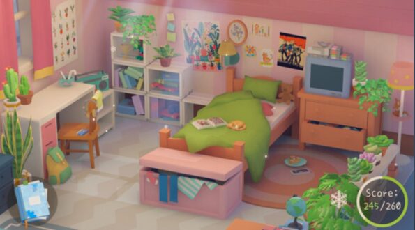 In "Urban Jungle", this image displays a cozy, well-organized room with a modern aesthetic. The room features a single bed with a green duvet, flanked by wooden furniture in warm tones. There is a desk area with a small chair, a shelving unit filled with books and plants, and a TV stand with a vintage style television. Decorative elements include wall posters, potted plants that bring life to the space, and a round globe on the floor. The room exudes a tranquil vibe with its pastel pink walls and abundant greenery. A score of 245/260 is highlighted in a circle at the bottom right, suggesting a gameplay achievement or decorative score. Published on: LadiesGamers.
