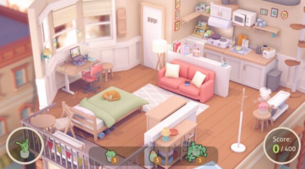 In "Urban Jungle", this image captures a bright, airy studio apartment with a gentle, pastel color scheme. The living space is thoughtfully arranged with a beige loveseat, a small dining set, and a cozy bed with a green throw. A work area is set by the window, with a laptop open, suggesting productivity or creative endeavors within the game. The kitchen area is equipped with modern appliances and shelving that hosts a variety of decorative items and plants. Numbered green markers hover over certain plants and objects, possibly indicating tasks or interaction points for the player. A score of 0/400 at the bottom right corner implies the beginning of a design or organization challenge. The room's large windows let in soft light, highlighting the warmth and inviting nature of the home. Published on: LadiesGamers.