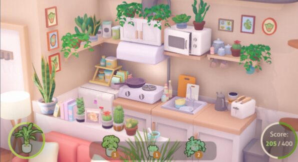 In "Urban Jungle", this image displays a quaint kitchen corner, bursting with greenery and soft, pastel colors. The counter is home to various kitchen appliances, including a white microwave, a toaster with toast popping out, and a kettle. Open shelving above contains an array of potted plants, jars, and books, lending a homely vibe to the space. The walls are adorned with framed pictures of plants, complementing the room's nature theme. A score of 205/400 is shown in a circle at the bottom right, indicating progress or a decorative challenge within the game. Green number markers placed on some items suggest interactive elements or tasks to be completed. Published on: LadiesGamers.