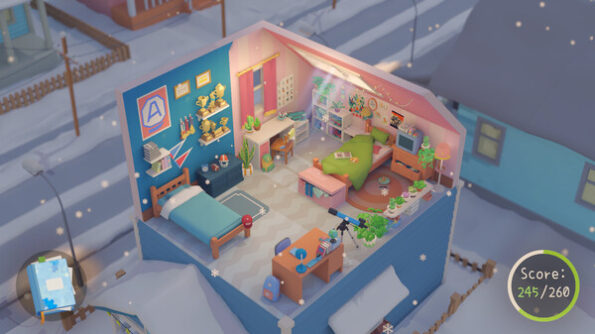 In "Urban Jungle", this image depicts a cozy, isometric view of a two-bedroom apartment. The scene is set during winter, as evidenced by the snow-covered landscape visible through the windows and the outdoor snowfall. The interior is warmly lit and inviting, with each room painted in a cheerful shade of pink or blue, furnished with beds, desks, and a living area. A variety of indoor plants add a splash of greenery to the environment, complementing the colorful wall decorations and furniture. The apartment looks lived-in, with a laptop open on a desk, books scattered about, and a TV in the living area. A gameplay score of 245/260 is prominently displayed in a circle at the bottom right corner, suggesting the player's efficiency in decorating or organizing the space. Published on: LadiesGamers.